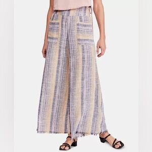 Free People Blue Cream Wide Leg Pants Women’s Small Linen Breezy Summer Beach